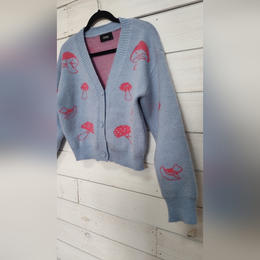 Cider Light Blue Cardigan with Pink Mushroom Motif - Picture 2 of 5